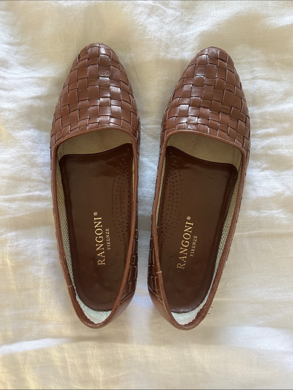 Rangoni Woven Leather Pointed-Toe Flats in Chestnut Brown